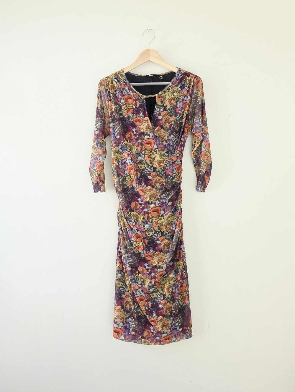 Betabrand Wanderlite Travel Floral Ruched Midi Dress Medium